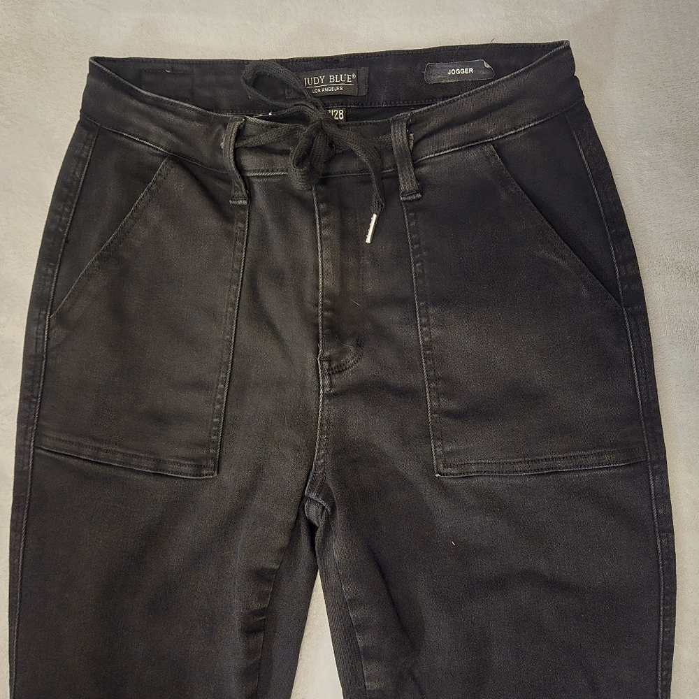 Judy Blue Jogger Black Jean Womens Stretch High Rise Drawstring Denim 7/28 Cute